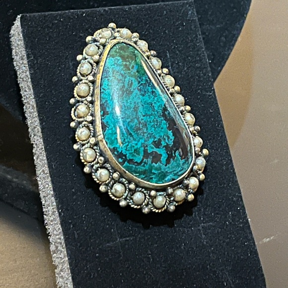 Vintage 935 sterling silver chrysocolla vermeil pendant/brooch